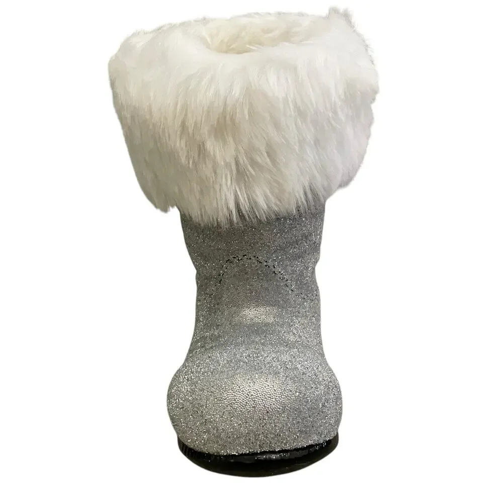 Bergdorf Goodman Ino Schaller Silver Beaded Christmas Santa Boot w/ Faux Fur NEW